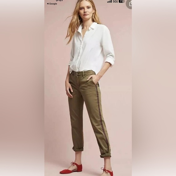 Chino by Anthropologie Women’s Chino Pant Relaxed Fit Green Side Stripe Size 31 - Picture 2 of 8